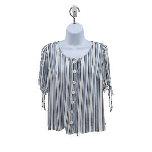 Vince Camuto Blue White Stripe Top Womens S Round Neck Button Front Short Sleeve